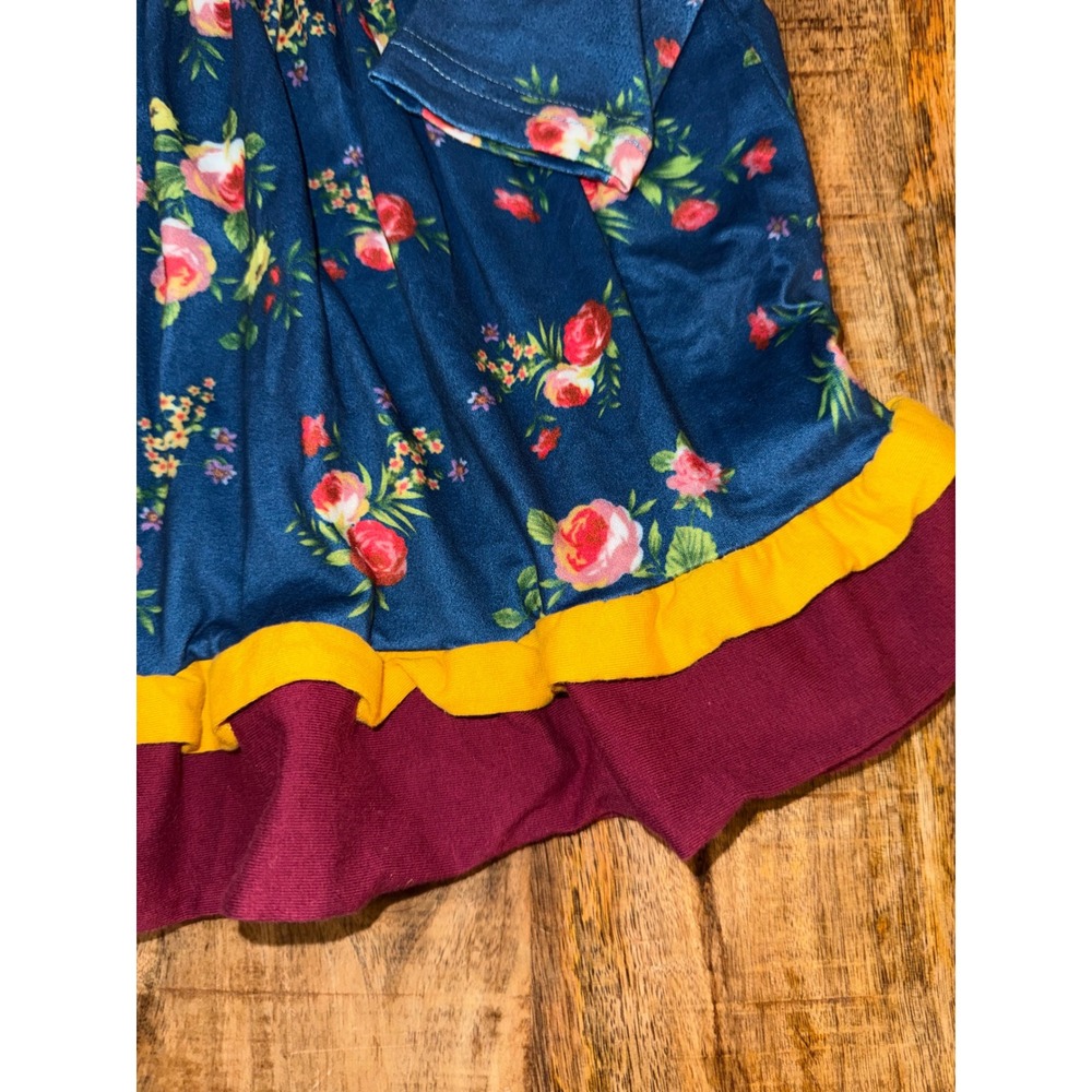 Girls Navy Blue Floral Long Sleeve Ruffle Hem Dress XS Burgundy Mustard Accent - Picture 2 of 5